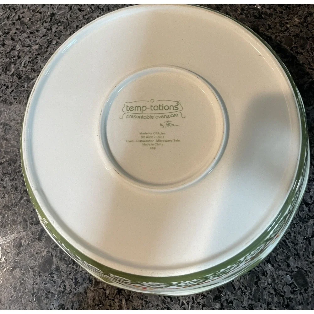 Temptations Old World Green 1 QT Ceramic Floral Baking Pie Dish‎ Scalloped Edge